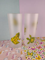 Dartington Designs Tall Frosted Glass Tumbler Green/Yellow Tree Frogs & Turtles Set/2