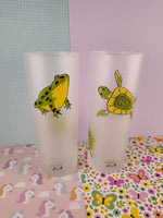 Dartington Designs Tall Frosted Glass Tumbler Green/Yellow Tree Frogs & Turtles Set/2