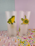 Dartington Designs Tall Frosted Glass Tumbler Green/Yellow Tree Frogs & Turtles Set/2