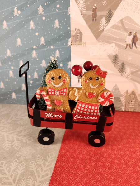 Christmas Gingerbread Boy & Girl in Wagon w/Christmas Trees Ornament, Like New
