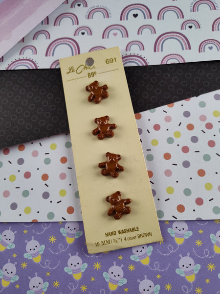 Vintage LeChic Hand Washable Decorative Buttons, Plastic Brown Teddy Bears Made in Japan