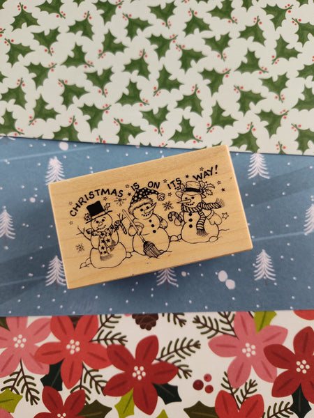 Vintage 1992 PSX Personal Stamp Exchange E-256 Snowmen "Christmas is on It's Way" Wooden Stamp Block
