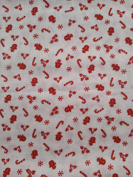 Vintage Christmas Winter Festive Red White Mini Figure Patterned Snowmen Fabric Remnant, 1 yd x 45" W