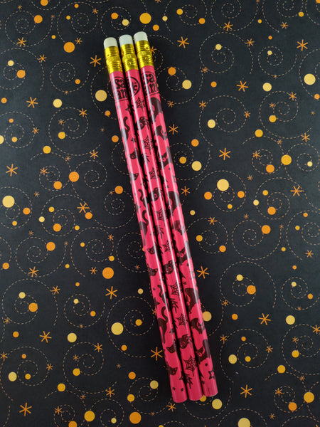 Vintage 80's/90's Halloween Lisa Frank Pencil Set of 3, Unsharpened/Unused (Pink/Red)