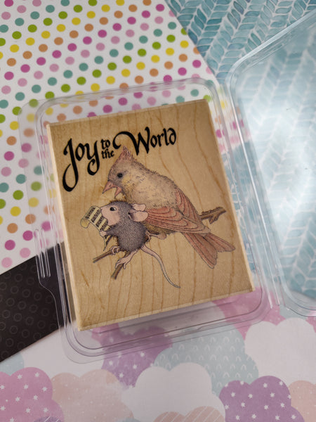 RARE Vintage 1995 House Mouse Designs "Joy to the World" Wooden Block/Rubber Stamp