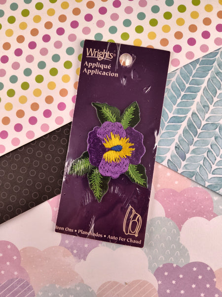 Vintage Wrights Purple Yellow Poppy Flower Floral Applique Patch SEALED