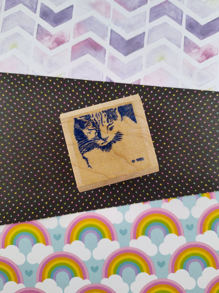 RARE HTF Vintage 1980 Graphistamp Kitty Cat Wooden Block/Rubber Stamp