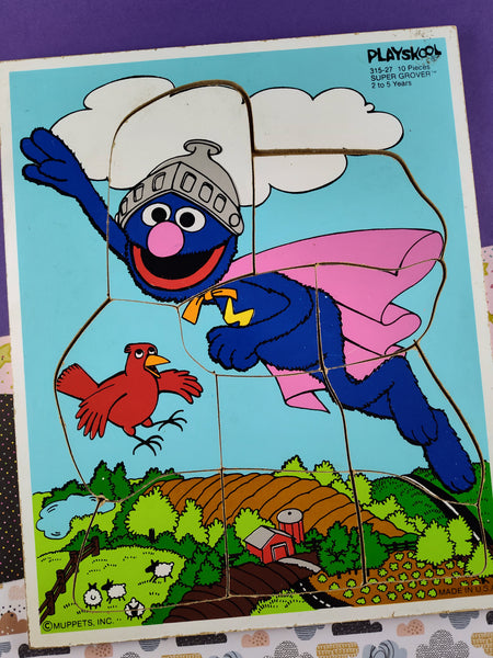 Vintage Playskool Colorful "Super Grover" 315-27 Wooden Frame-Tray Puzzle