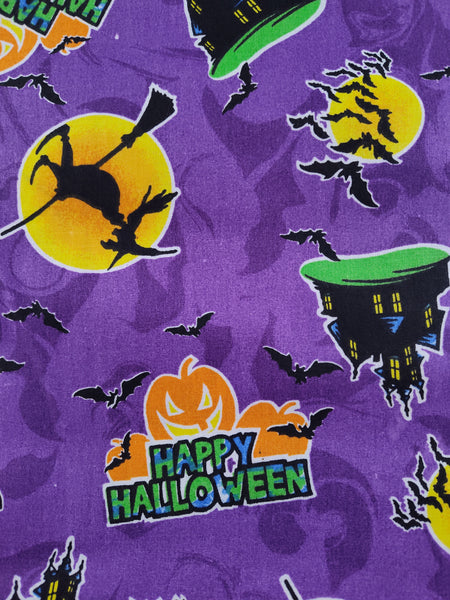 Vintage Halloween Trick or Treat Purple Fabric Remnant, 1-2/3 yd x 44", Nice / Clean