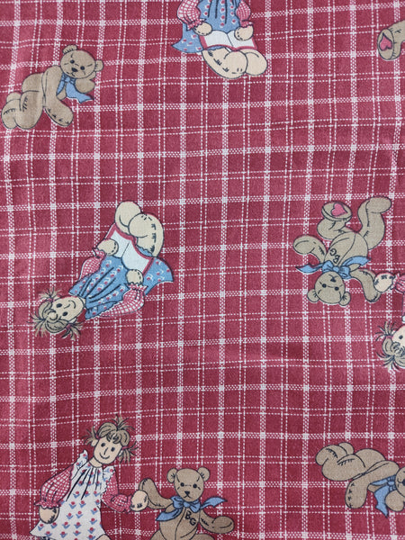 Vintage Dolly w/Teddy Bear Red Plaid Fabric Remnant, 45" x 37", Nice / Clean