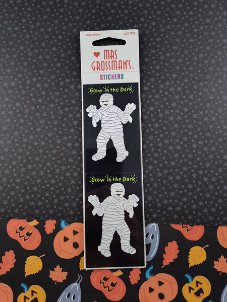 Vintage 1998 Mrs. Grossman's Halloween Glow in the Dark Mummy SEALED Pack/2 Full Sticker Sheets