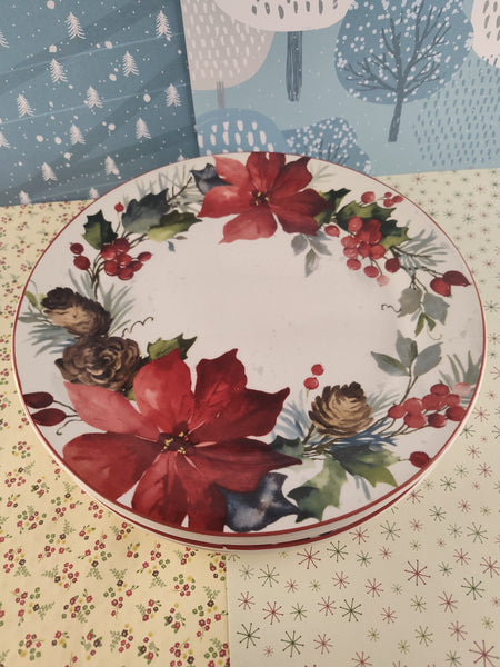 Pier 1 Ironstone Christmas Berry Xmas Poinsettia Lunch/Salad Plates Set/4, Discontinued