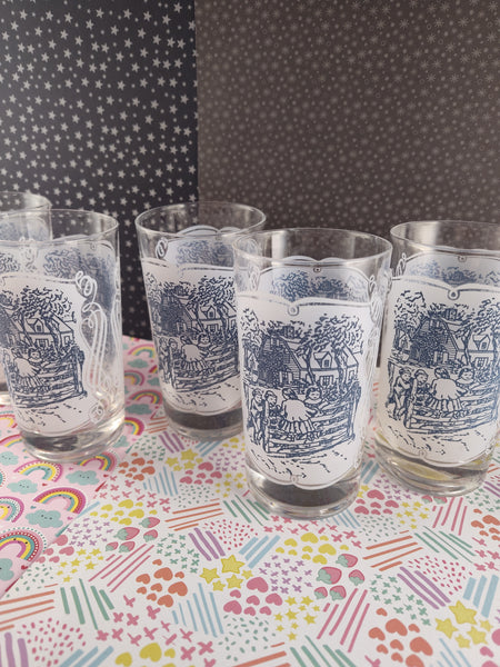 Vintage Currier and Ives Juice Frosted Glass Tumblers Set/5 Blue White