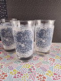 Vintage Currier and Ives Juice Frosted Glass Tumblers Set/5 Blue White