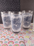 Vintage Currier and Ives Juice Frosted Glass Tumblers Set/5 Blue White