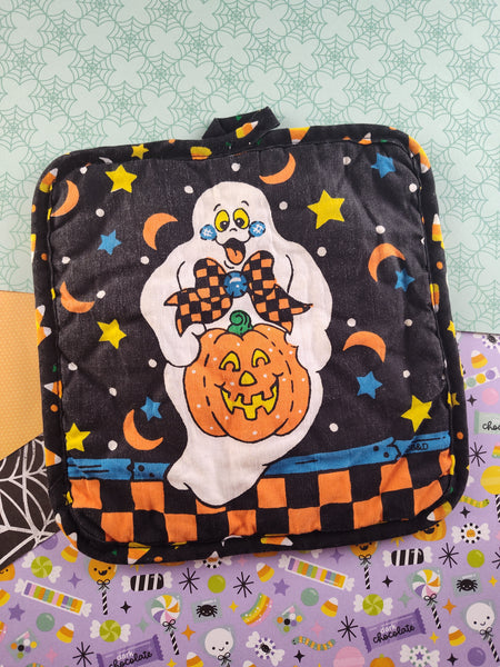 Vintage Halloween Silly Ghost Pumpkin Cotton Fabric Oven Mitt Pot Holder, Nice & Clean