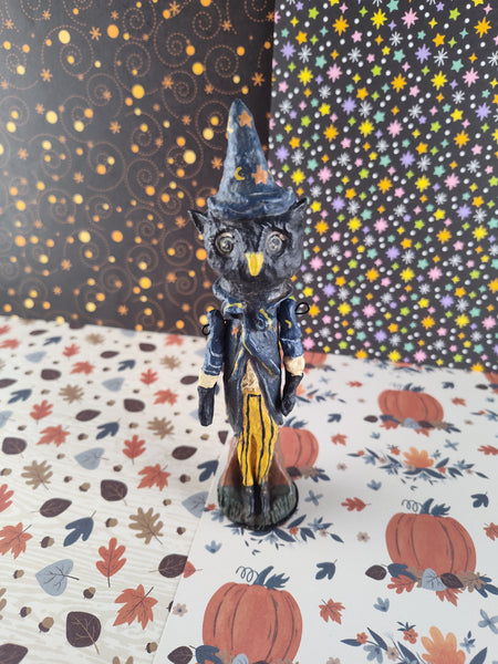 RARE Vintage Department 56 Halloween Folk Artsy Black Owl Wooden Figure