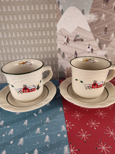 Vintage Pfaltzgraff Snow Village Coffee Hot Chocolate Mugs w/Saucers Set/2