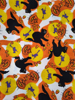 Vintage Halloween Spooky Cats Trick or Treat Fabric Remnant, 1 yd x 45" W, CLEAN