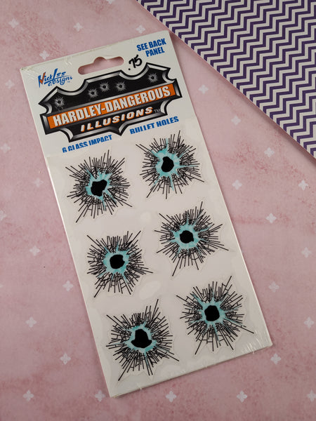 Vintage 2001 Hardley-Dangerous Illusions 6 Glass Impmact Bullet Holes Sticker Pack, New/Sealed