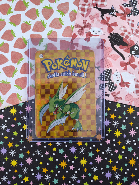 Vintage 1990's Pokemon Trading Vending Prism Shiny Holo Sticker Scyther #123 - NM