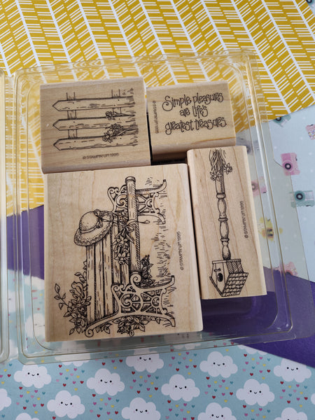 Vintage 1995 Stampin' Up Olde Tyme Garden Bench Stamp Block Set/4, CLEAN