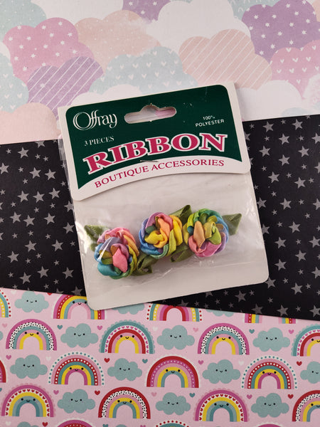 Vintage Offray Ribbon Boutique Accessories Colorful Rainbow Flowers, 3 pc