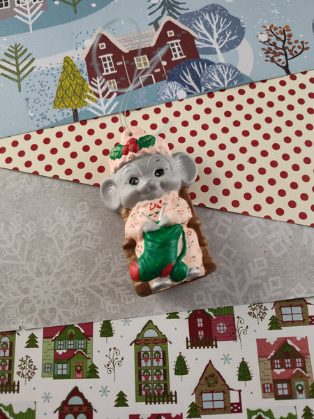 Vintage 1990 Christmas Ceramic Ornament, Cute Mouse w/Stocking