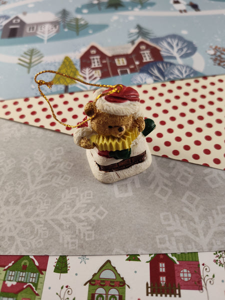 Vintage 1980's Christmas Resin Ornament, Barely Bears Miniature Teddy Bear w/Accordian