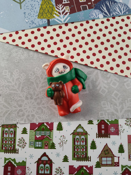 Vintage Christmas Pin/Brooch, S. Lehman Cute Kitty Cat w/Teddy Dolly