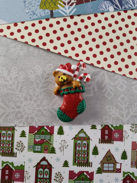 Vintage 1985 Christmas Pin/Brooch, Hallmark Cute Teddy Bear w/Stocking