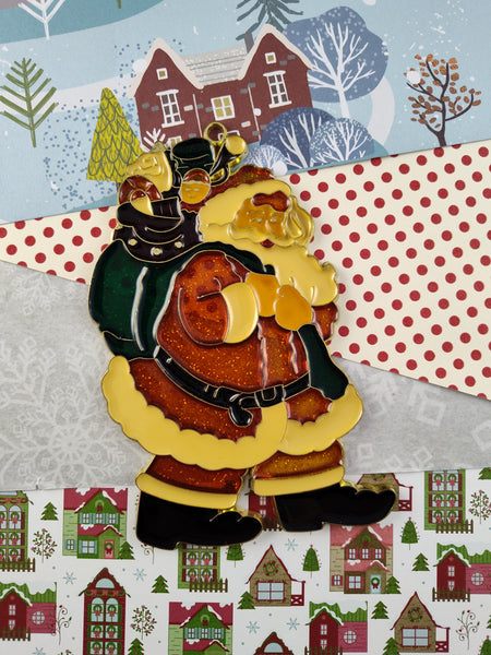 Vintage Christmas Ornament, Hard Plastic/Enamel Stained Glass Santa Claus