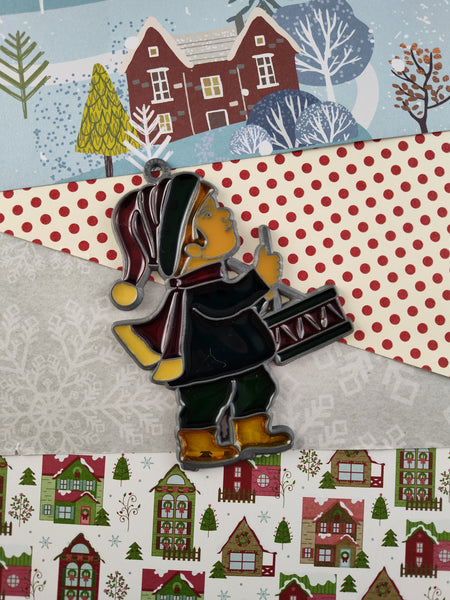 Vintage Christmas Ornament, Hard Plastic/Enamel Stained Glass Little Drummer Boy