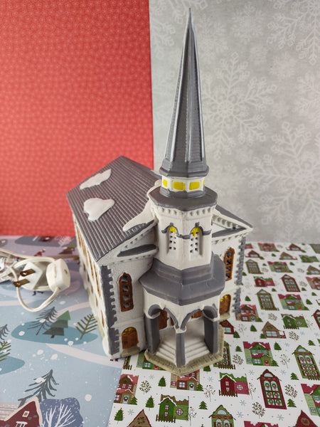 Vintage 1993 Lemax Christmas Wintery Lighted Porcelain Church Steeple, Great Shape