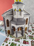 Vintage 1993 Lemax Christmas Wintery Lighted Porcelain Church Steeple, Great Shape