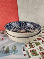 Vintage Folk Craft Cabin in the Snow by Tienshan Soup/Cereal Bowls Set/2, Nice & Clean