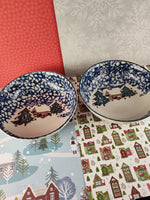 Vintage Folk Craft Cabin in the Snow by Tienshan Soup/Cereal Bowls Set/2, Nice & Clean