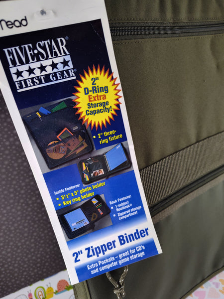 Vintage 1999 Mead Five Star First Gear 2" Zipper Binder, Olive Green, NWT NOS