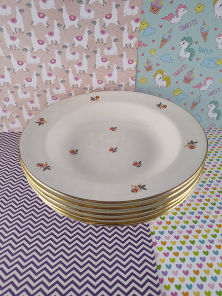 Vintage Homer Laughlin Nautilus Cunningham & Pickett Cardinal Gold-Rimmed Soup Bowls Set/6