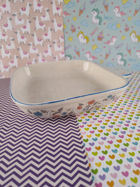 Vintage Floral w/Goose "Country Classics Collection by Action" Small Square Stoneware Casserole Dish