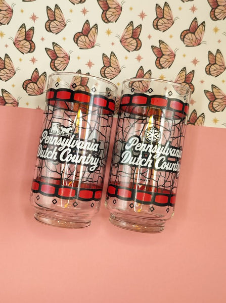 Vintage Tiffany-Style Pennsylvania Dutch Country Horse & Buggy Glass Tumblers Set/2