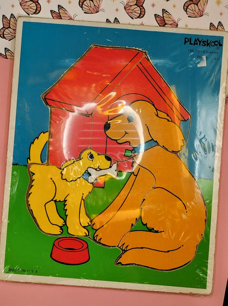 Vintage Playskool Colorful "Dogs" 186-03 Wooden Frame-Tray Puzzle