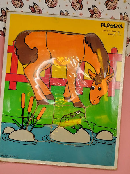 Vintage Playskool Colorful "Horse" 186-07 Wooden Frame-Tray Puzzle