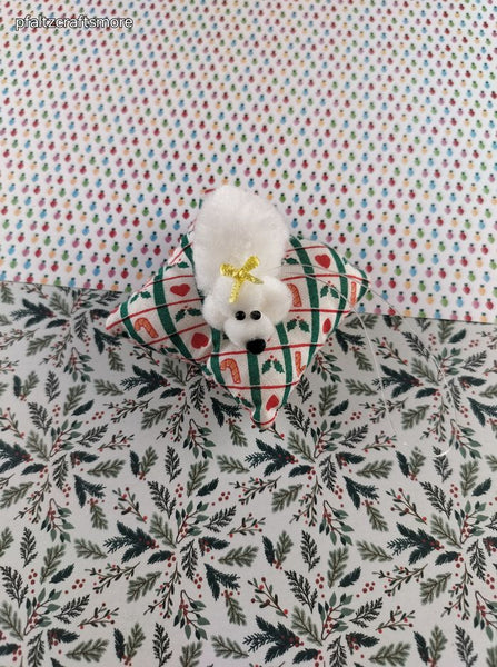 Vintage Handmade White Poof Puppy on Pillow Ornament, Nice & Clean