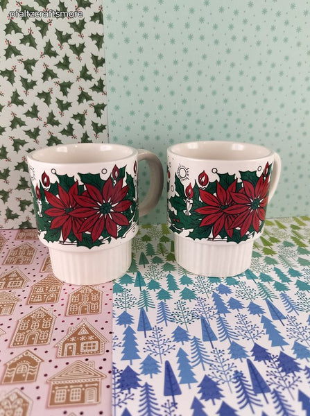 Vintage Christmas Mistletoe Poinsettia JAPAN Ceramic Mugs Set/2