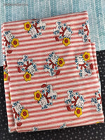 Vintage Cat w/Yellow Flower Red White Striped Fabric Remnant, 1-1/4 yd x 52" W