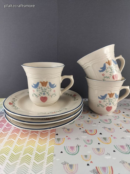 Vintage Newcor Stoneware "Legacy Hearts" Patterned Tea Cups w/Saucers Set/3