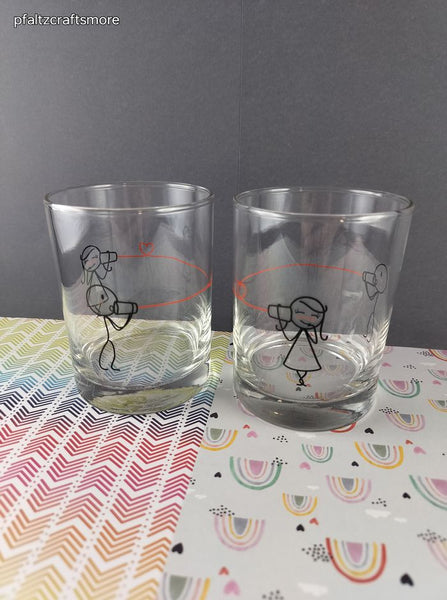 Human Touch "Tin-Can Telephone Love" Cute Stick Figure Couple Heavy-Bottom Glass Tumblers Set/2