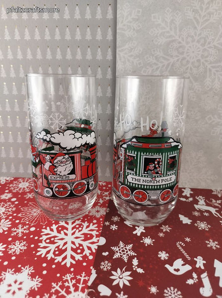 Vintage Coca-Cola Classic McCrory Stores Christmas Santa Claus Express Glass Tumblers Set/2