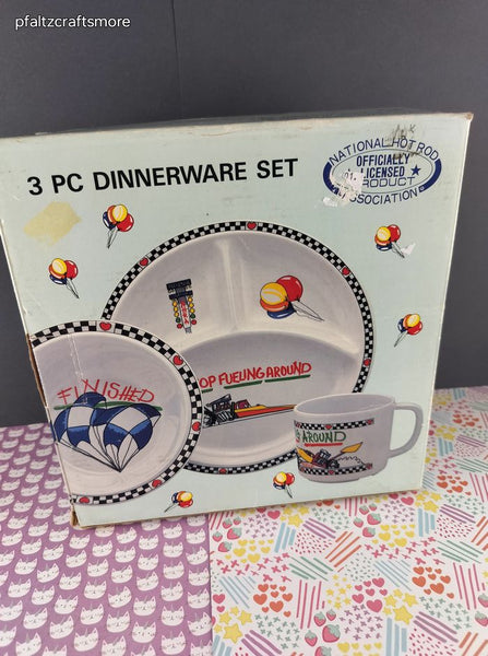 RARE Vintage National Hot Rod Association 3 pc Dinnerware Set Melamine UNUSED Open Box